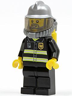 LEGO Minifigure-Fire - Reflective Stripes, Black Legs, Silver Fire Helmet, Gray Beard, Yellow Airtanks-Town / City / Fire-CTY138-Creative Brick Builders